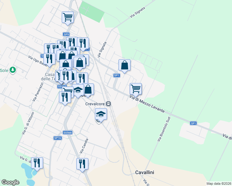 map of restaurants, bars, coffee shops, grocery stores, and more near 534 E Via di Mezzo Levante in Crevalcore