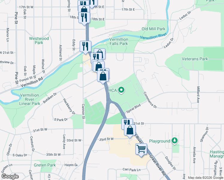 map of restaurants, bars, coffee shops, grocery stores, and more near 18 East 26th Street in Hastings