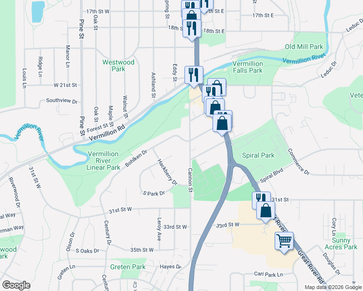 map of restaurants, bars, coffee shops, grocery stores, and more near 460 Bohlken Drive in Hastings