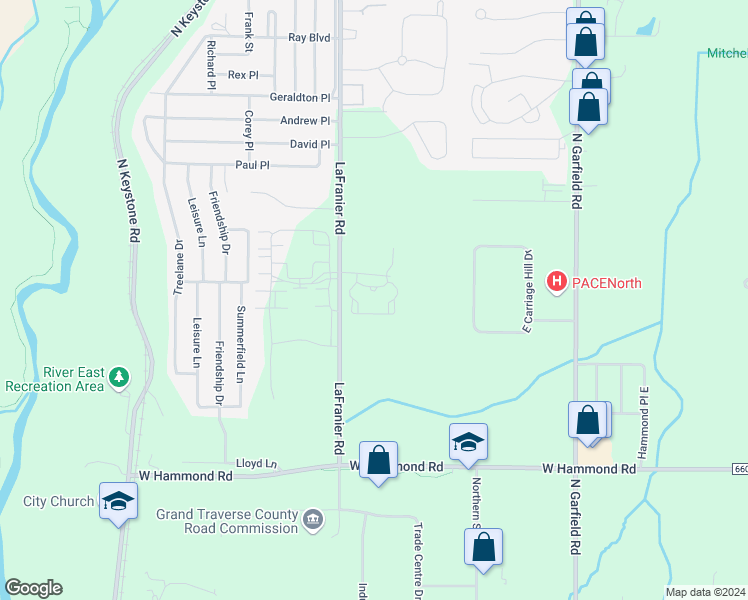 map of restaurants, bars, coffee shops, grocery stores, and more near 1463 Orchard Hill Parkway in Traverse City