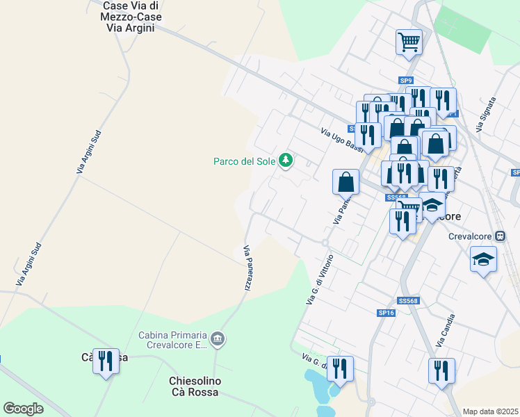 map of restaurants, bars, coffee shops, grocery stores, and more near 714 Via Panerazzi in Crevalcore