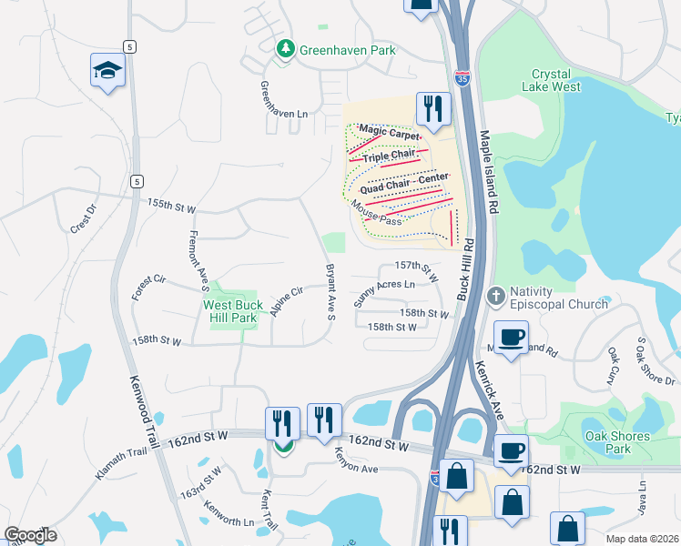 map of restaurants, bars, coffee shops, grocery stores, and more near 15605 Bryant Avenue South in Burnsville