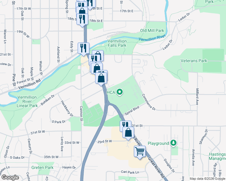 map of restaurants, bars, coffee shops, grocery stores, and more near 18 East 26th Street in Hastings