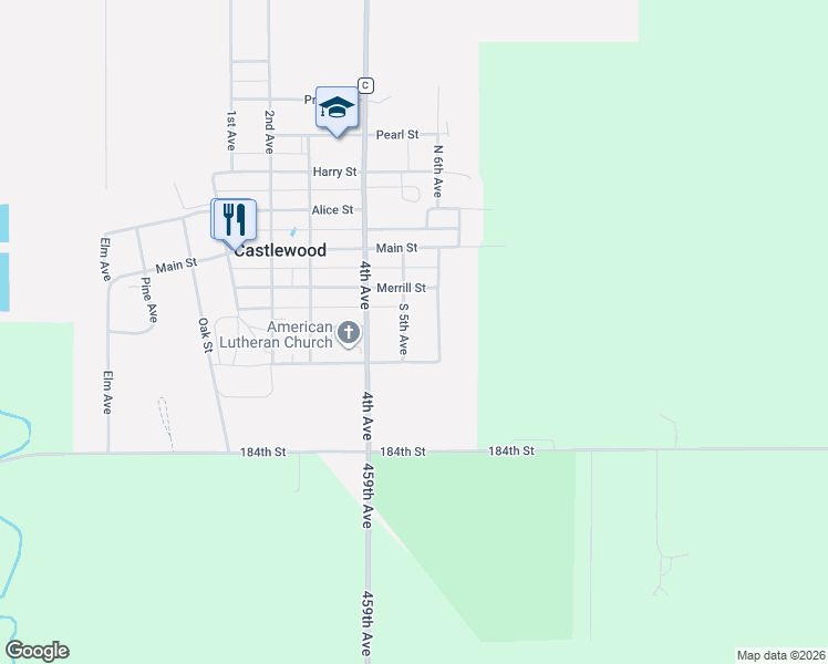 map of restaurants, bars, coffee shops, grocery stores, and more near South 5th Avenue in Castlewood
