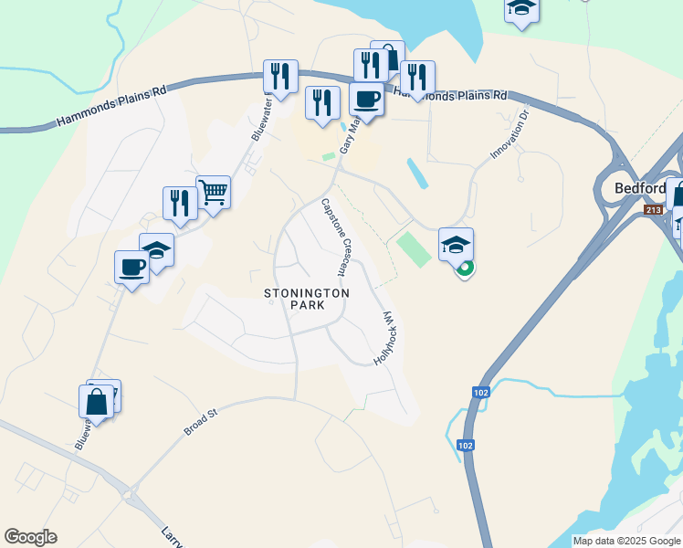 map of restaurants, bars, coffee shops, grocery stores, and more near Capstone Crescent in Bedford