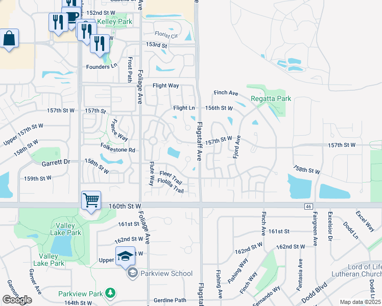 map of restaurants, bars, coffee shops, grocery stores, and more near 6405 157th Street West in Apple Valley