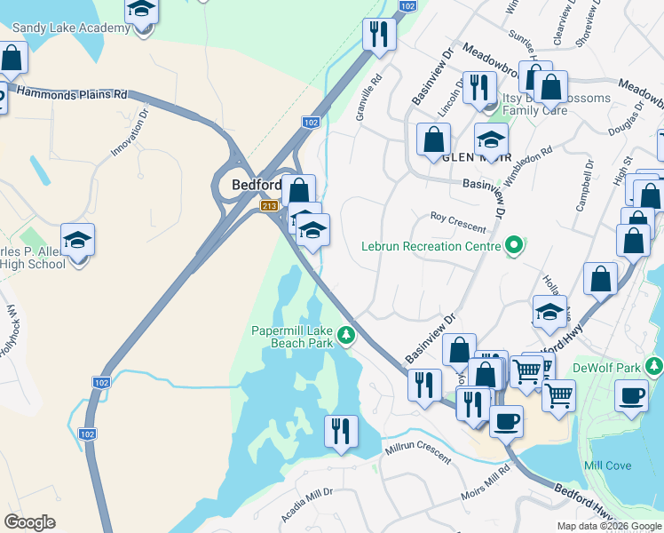 map of restaurants, bars, coffee shops, grocery stores, and more near 5 Brookshire Court in Bedford