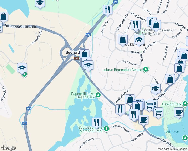 map of restaurants, bars, coffee shops, grocery stores, and more near 211 Hammonds Plains Road in Bedford