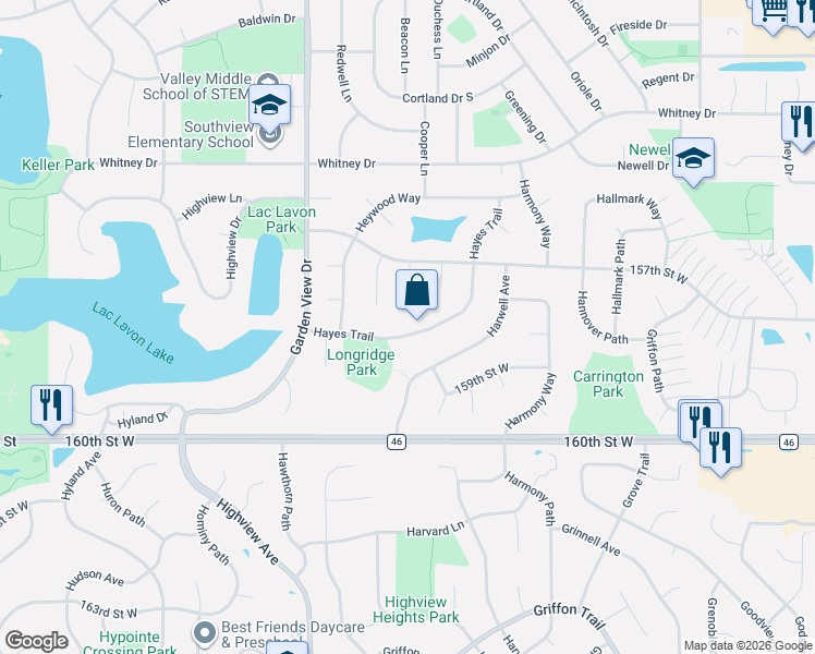 map of restaurants, bars, coffee shops, grocery stores, and more near 15794 Henna Court in Apple Valley
