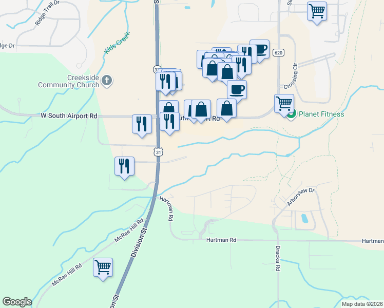 map of restaurants, bars, coffee shops, grocery stores, and more near 3337 West South Airport Road in Traverse City