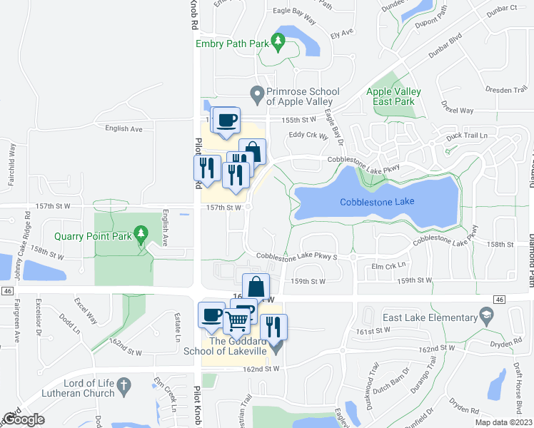 map of restaurants, bars, coffee shops, grocery stores, and more near 5400 157th Street West in Apple Valley