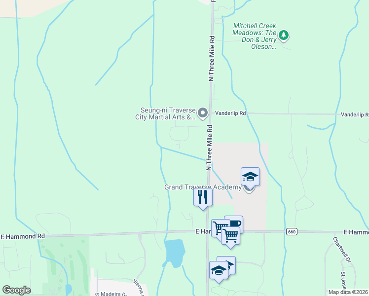map of restaurants, bars, coffee shops, grocery stores, and more near 789 Industrial Circle in Traverse City