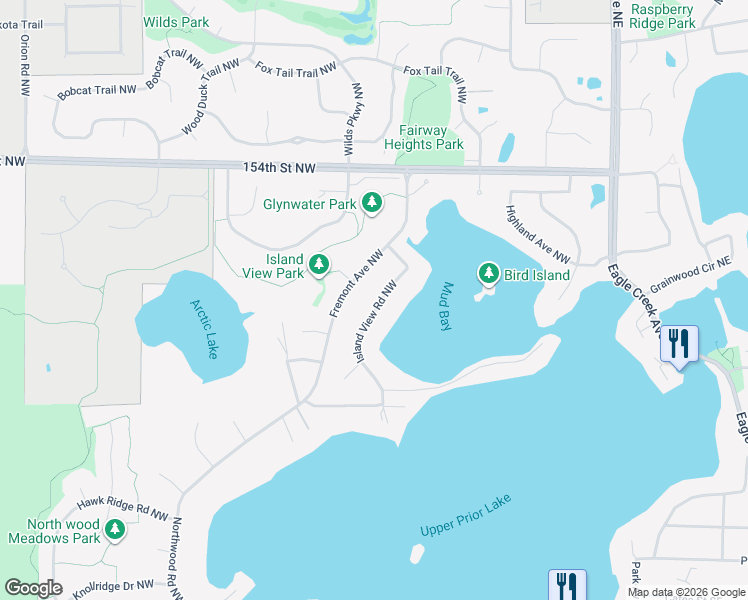 map of restaurants, bars, coffee shops, grocery stores, and more near 15786 Island View Road Northwest in Prior Lake