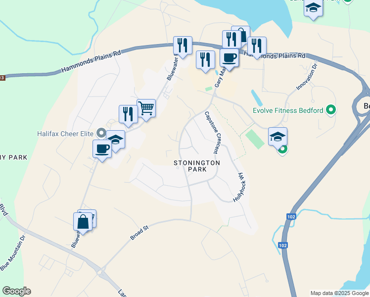 map of restaurants, bars, coffee shops, grocery stores, and more near Utopia Lane in Bedford