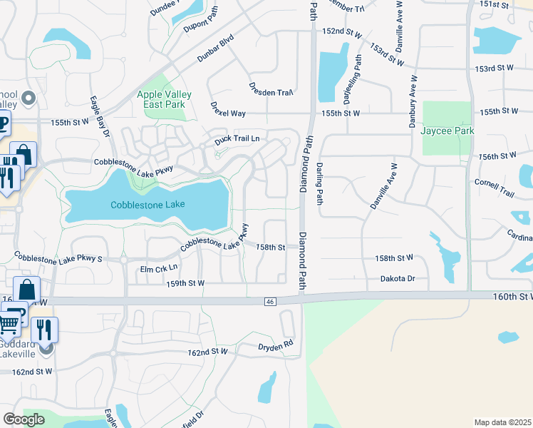 map of restaurants, bars, coffee shops, grocery stores, and more near 15728 Duck Pond Way in Apple Valley
