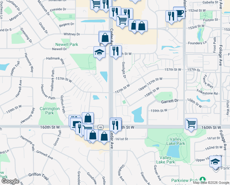 map of restaurants, bars, coffee shops, grocery stores, and more near in Apple Valley