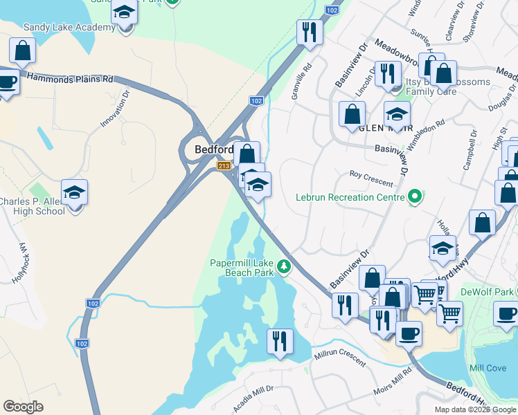 map of restaurants, bars, coffee shops, grocery stores, and more near 5 Brookshire Court in Bedford