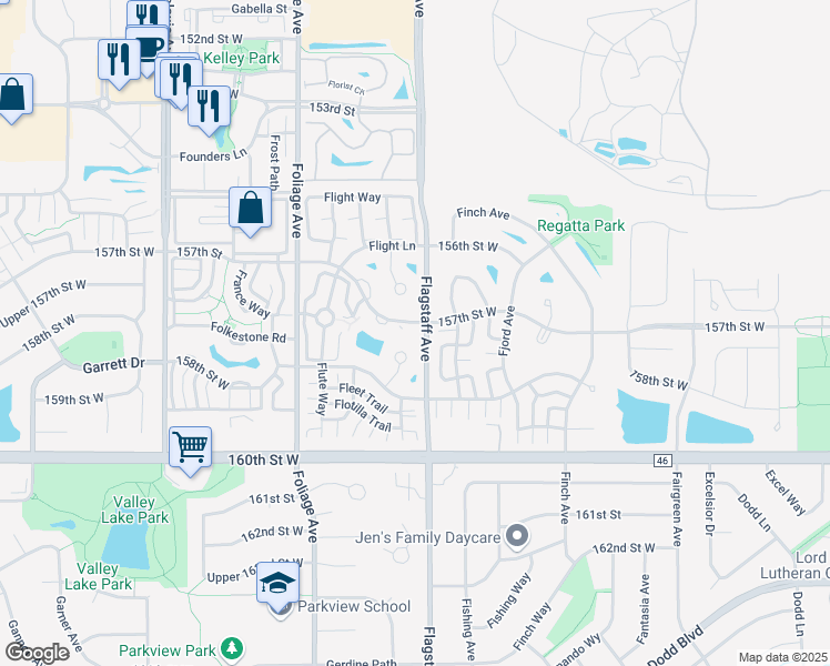 map of restaurants, bars, coffee shops, grocery stores, and more near 6405 157th Street West in Apple Valley