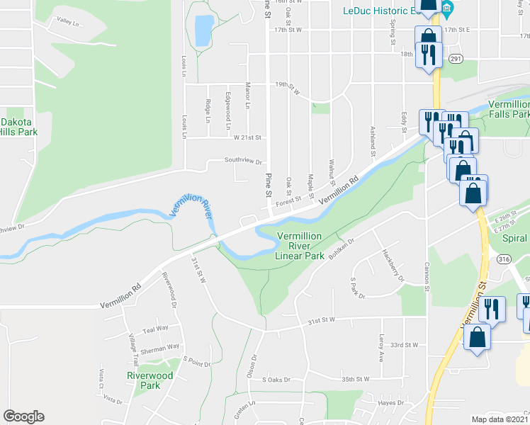 map of restaurants, bars, coffee shops, grocery stores, and more near 2300 Pine Street in Hastings