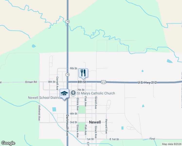 map of restaurants, bars, coffee shops, grocery stores, and more near 818 Fisk Avenue in Newell