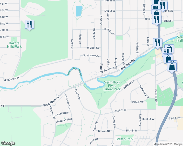 map of restaurants, bars, coffee shops, grocery stores, and more near 900 County Road 47 in Hastings