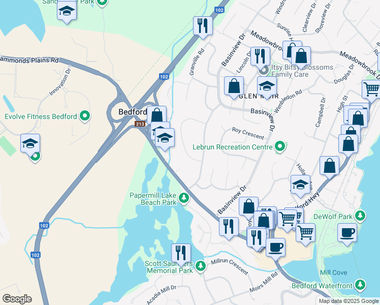 map of restaurants, bars, coffee shops, grocery stores, and more near 15 Village Crescent in Bedford