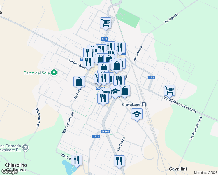 map of restaurants, bars, coffee shops, grocery stores, and more near 99 Viale Guglielmo Marconi in Crevalcore