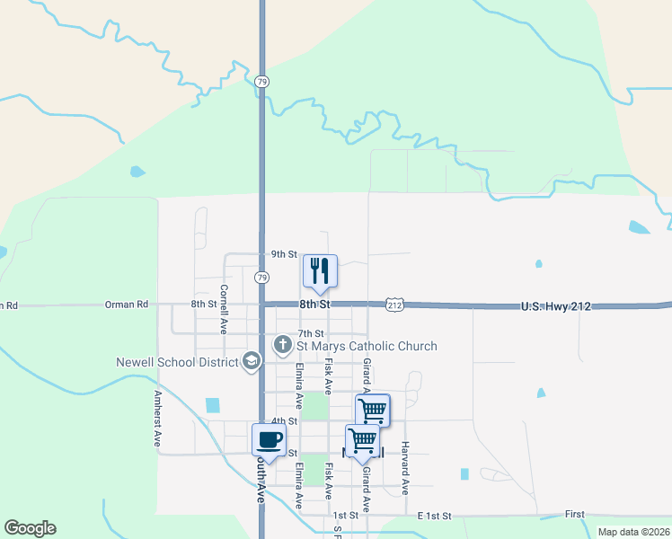 map of restaurants, bars, coffee shops, grocery stores, and more near 818 Fisk Avenue in Newell