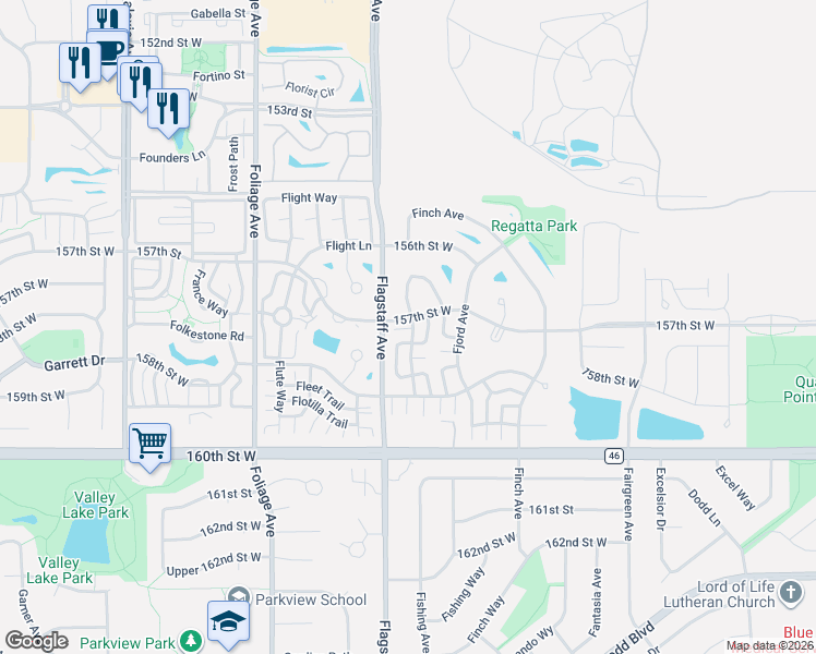 map of restaurants, bars, coffee shops, grocery stores, and more near 15721 Flackwood Avenue in Apple Valley