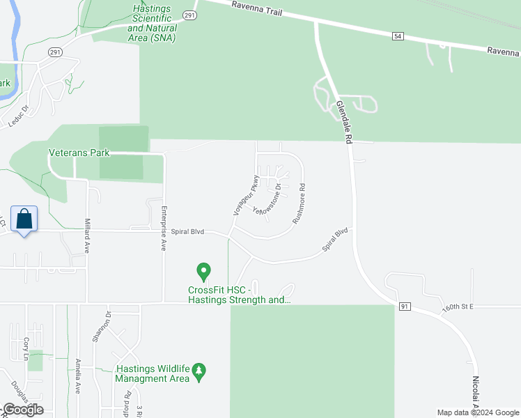 map of restaurants, bars, coffee shops, grocery stores, and more near 2610 Yellowstone Drive in Hastings