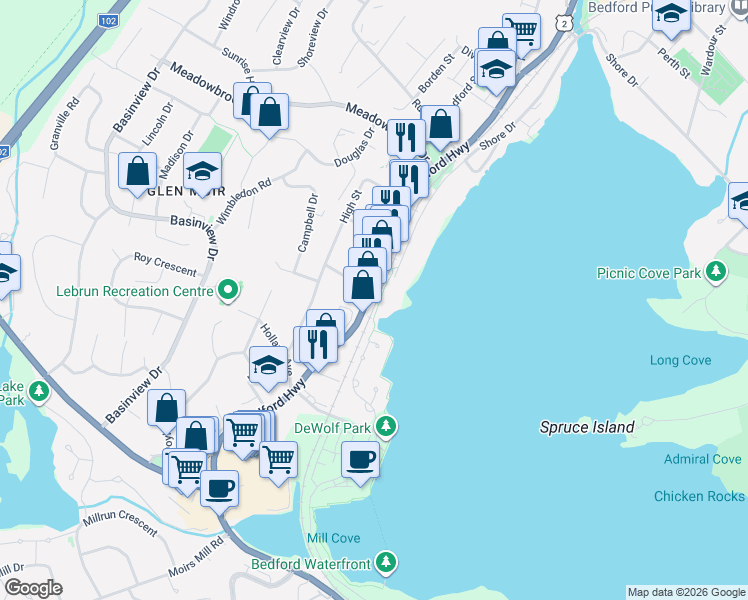 map of restaurants, bars, coffee shops, grocery stores, and more near 1153 Bedford Highway in Bedford