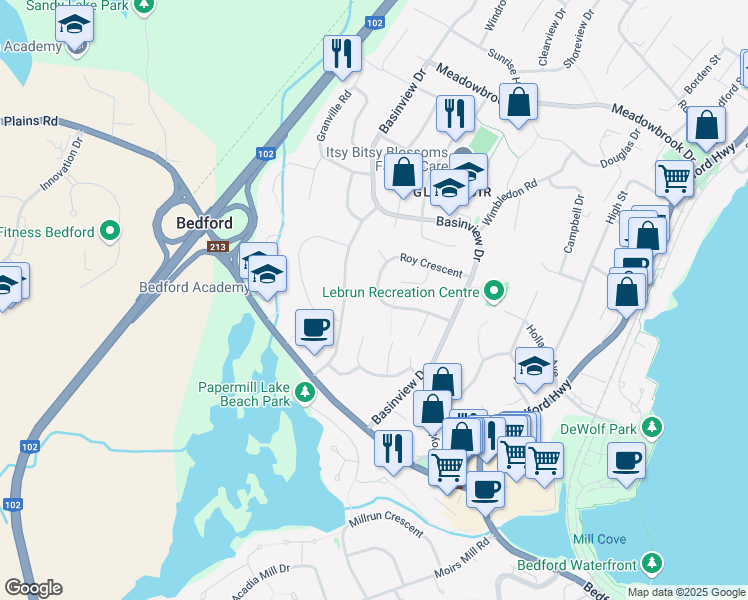 map of restaurants, bars, coffee shops, grocery stores, and more near 58 Roy Crescent in Bedford