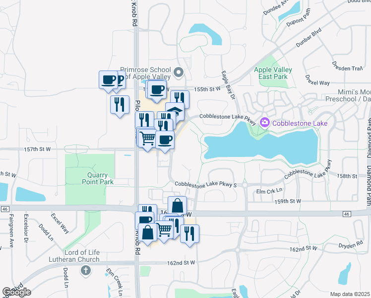map of restaurants, bars, coffee shops, grocery stores, and more near 5400 157th Street West in Apple Valley