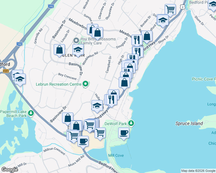 map of restaurants, bars, coffee shops, grocery stores, and more near 146 High Street in Bedford