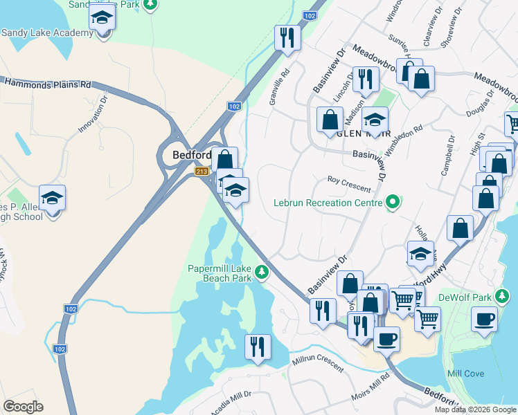 map of restaurants, bars, coffee shops, grocery stores, and more near 26 Village Crescent in Bedford