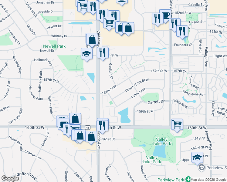 map of restaurants, bars, coffee shops, grocery stores, and more near 7400 157th Street West in Apple Valley