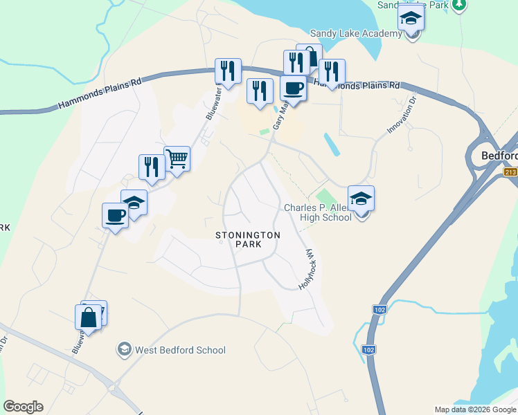 map of restaurants, bars, coffee shops, grocery stores, and more near 61 Lasalle Court in Bedford