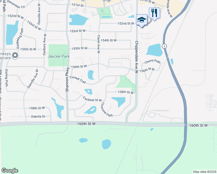 map of restaurants, bars, coffee shops, grocery stores, and more near 15720 Cicerone Path in Rosemount