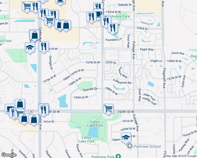 map of restaurants, bars, coffee shops, grocery stores, and more near 15832 Galveston Avenue in Apple Valley