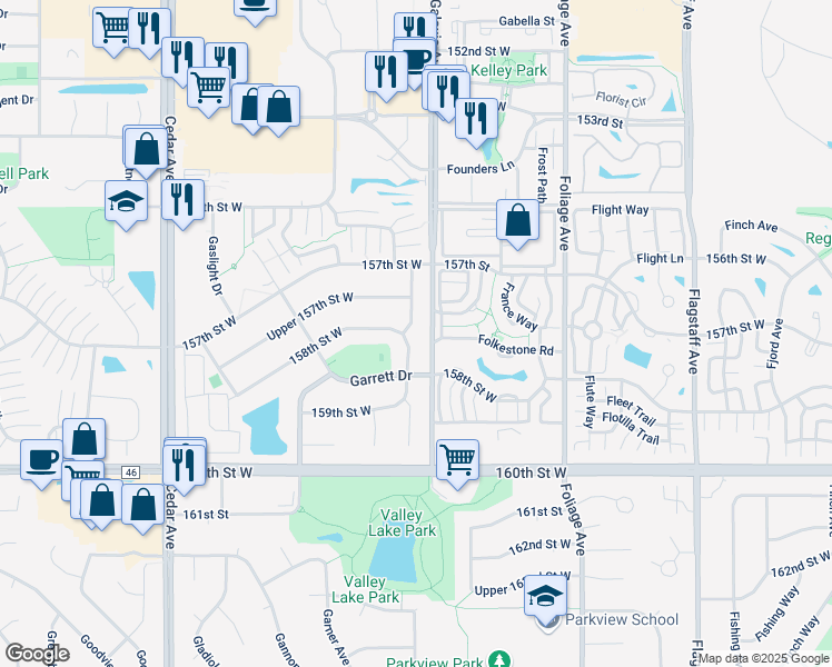map of restaurants, bars, coffee shops, grocery stores, and more near 15832 Galveston Avenue in Apple Valley