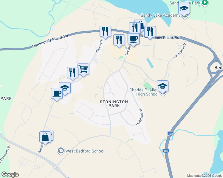 map of restaurants, bars, coffee shops, grocery stores, and more near 28 Castlestone Drive in Bedford