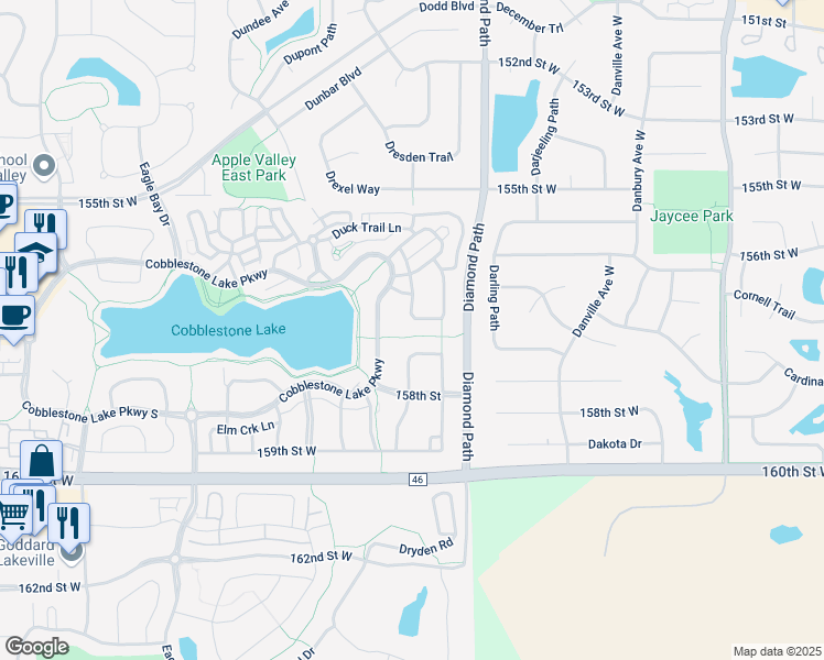 map of restaurants, bars, coffee shops, grocery stores, and more near 15728 Duck Pond Way in Apple Valley