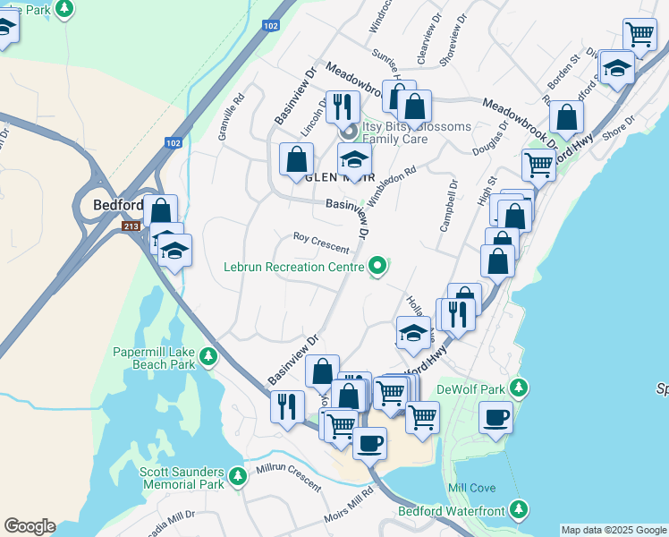 map of restaurants, bars, coffee shops, grocery stores, and more near 21 Lively Court in Bedford