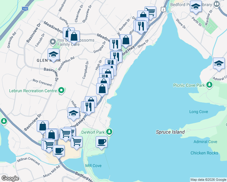 map of restaurants, bars, coffee shops, grocery stores, and more near 65 Shore Drive in Bedford