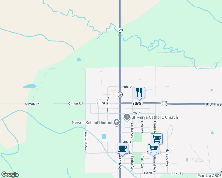map of restaurants, bars, coffee shops, grocery stores, and more near 339-499 9th Street in Newell