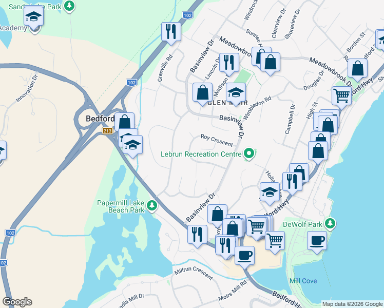 map of restaurants, bars, coffee shops, grocery stores, and more near 58 Roy Crescent in Bedford
