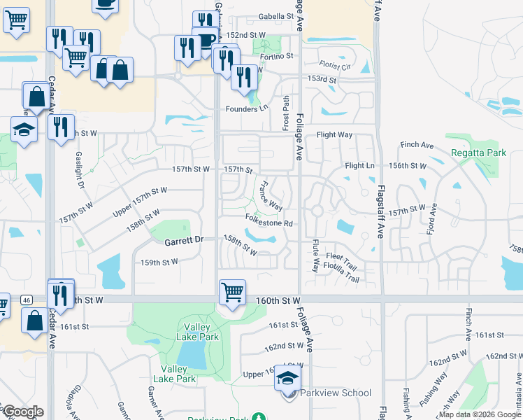 map of restaurants, bars, coffee shops, grocery stores, and more near 15744 Fremont Way in Apple Valley