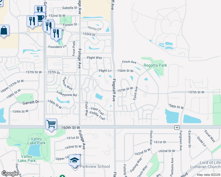 map of restaurants, bars, coffee shops, grocery stores, and more near 6405 157th Street West in Apple Valley