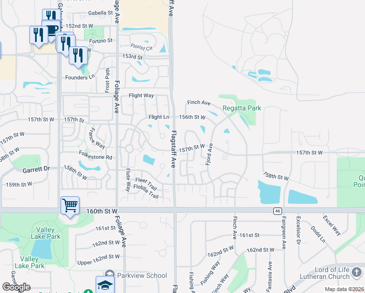 map of restaurants, bars, coffee shops, grocery stores, and more near 15721 Flackwood Avenue in Apple Valley