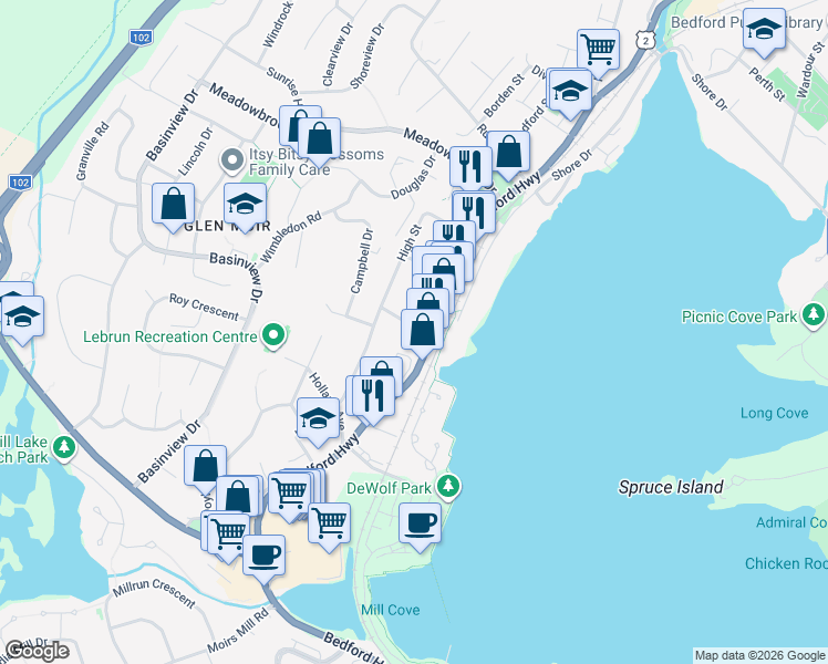 map of restaurants, bars, coffee shops, grocery stores, and more near 4 Lindsay Hill in Bedford